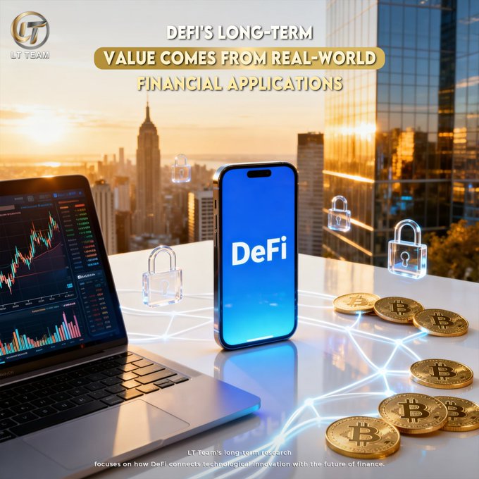 A laptop displaying trading charts sits beside a smartphone showing the "DeFi" logo, with golden Bitcoin coins and floating padlock icons symbolizing security, set against a sunset cityscape backdrop. The image reinforces the post's message by visually tying DeFi to traditional finance tools and real-world assets, illustrating how blockchain technology integrates with conventional financial applications.