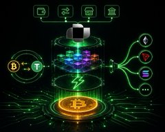 A futuristic digital graphic showing interconnected icons including cryptocurrency logos (Bitcoin, Ethereum), social media symbols, and a central AI or energy core with glowing green circuit lines.