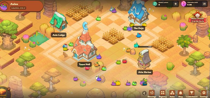 The image shows a cartoon-style game interface with a gray background, featuring a map of a village or town with buildings and trees. The game appears to be a roleplaying game (RPG) focused on collecting various items from different locations within the village. There are multiple characters in the game, each with their own unique abilities and statuses. Some characters can be seen interacting with one another, while others are exploring the village or attending to their daily tasks. The game also includes elements of a web browser, such as a "F2P" button for players who don't have land but want to experience the gameplay.