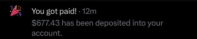 A notification from a payment app shows "$677.43 has been deposited into your account," referencing the creator's earnings from X (formerly Twitter) monetization, fitting the post's playful reference to "Elon bucks" as platform payouts from Musk's X creator revenue program.