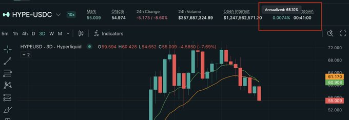 The image shows a Hyperliquid trading interface for the HYPE-USDC perpetual futures pair, displaying a 6.60% 24-hour decline to $55.009 alongside an annualized funding rate of 65.10% (0.0074% every 8 hours), illustrating that traders are indeed aggressively longing the dip despite paying hefty funding costs.