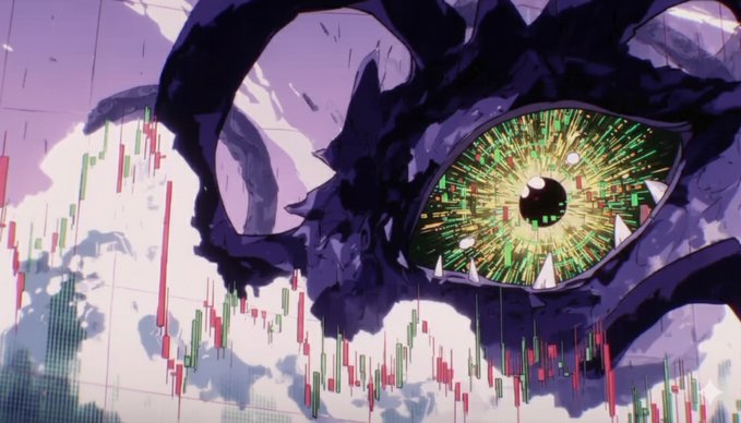 An anime-style illustration of a menacing creature with a large, glowing green eye filled with financial candlestick chart patterns, set against a purple and pink sky also overlaid with candlestick charts.