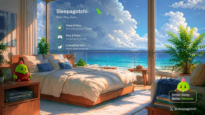 An advertisement for "Sleepagotchi" features an AI Growth Platform for SaaS Teams with text including "Rest. Play. Earn.", "Sleep & Earn", "Play & Relax", "A Healthier You", and "Better Sleep, Better Rewards," alongside a small green character in a bedroom setting.