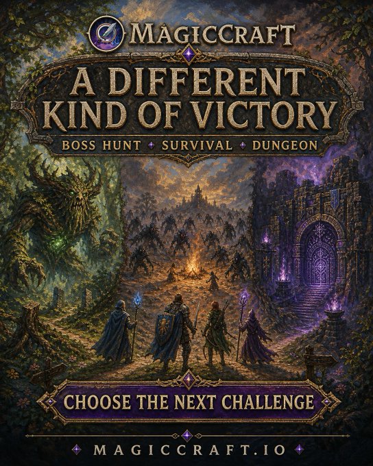 A fantasy game advertisement for 'MAGICCRAFT' promoting 'A DIFFERENT KIND OF VICTORY' with modes 'BOSS HUNT ✦ SURVIVAL ✦ DUNGEON', featuring heroes before a dark castle, and a 'CHOOSE THE NEXT CHALLENGE' button linking to magiccraft.io.