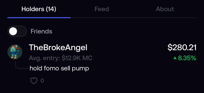 The image shows a crypto trading platform's "Holders" tab with 14 holders, displaying user "TheBrokeAngel" holding $280.21 with an 8.35% gain, who commented "hold fomo sell pump" — directly echoing the post's tongue-in-cheek trading advice to hold $fomo and sell $Pump.