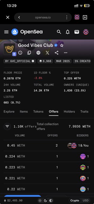 A screenshot of the OpenSea NFT marketplace on mobile, displaying the 'Good Vibes Club' (GVC) collection stats including a floor price of 0.2678 ETH and various ETH offers.