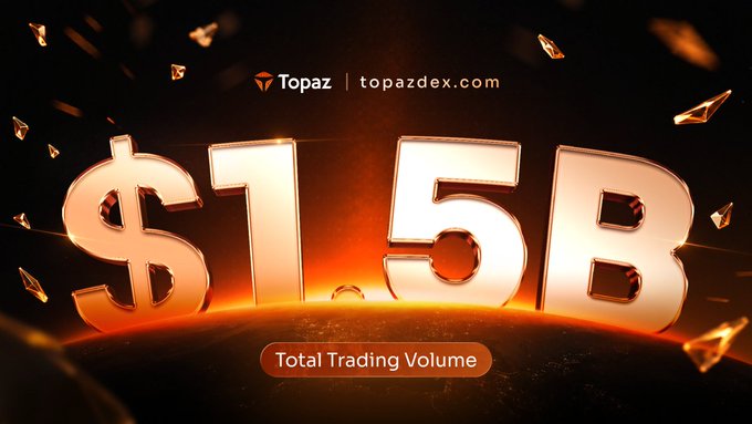 A promotional graphic from Topaz (topazdex.com) displaying large golden 3D text reading '$15B' above the phrase 'Total Trading Volume'.