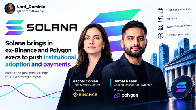 A promotional graphic from @TweetbyDominic featuring Solana's announcement that Rachel Conlan (formerly of Binance, now CSO) and Jamal Raees (formerly of Polygon, now GM of Payments) have joined to push institutional adoption and payments.