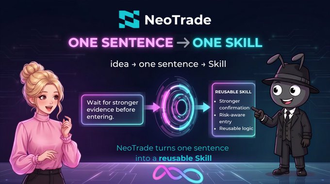 A NeoTrade promotional graphic showing 'ONE SENTENCE → ONE SKILL' with a cartoon blonde woman and a character in a fedora, illustrating how an idea becomes a reusable skill like 'Wait for stronger evidence before entering.'
