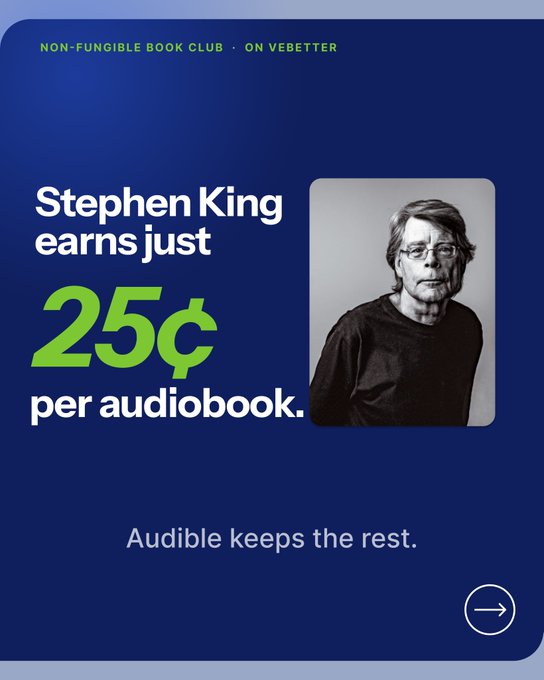 The image displays a graphic with a man posing for a picture next to a blue banner that announces the release of an audiobook by Stephen King, where listeners are entitled to $25 per listen or 25 cents per hour. The graphic also indicates that this is an NFT (Not a Fungible Book) from VeChain and that the creators capture 70% of the cut and users earn $B3TR tokens.