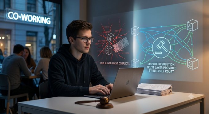 A man works on a laptop at a 'CO-WORKING' space, with a holographic overlay illustrating 'UNRESOLVED AGENT CONFLICTS' and 'DISPUTE RESOLUTION: TRUST LAYER PROVIDED BY INTERNET COURT' alongside AI-themed graphics and a gavel.