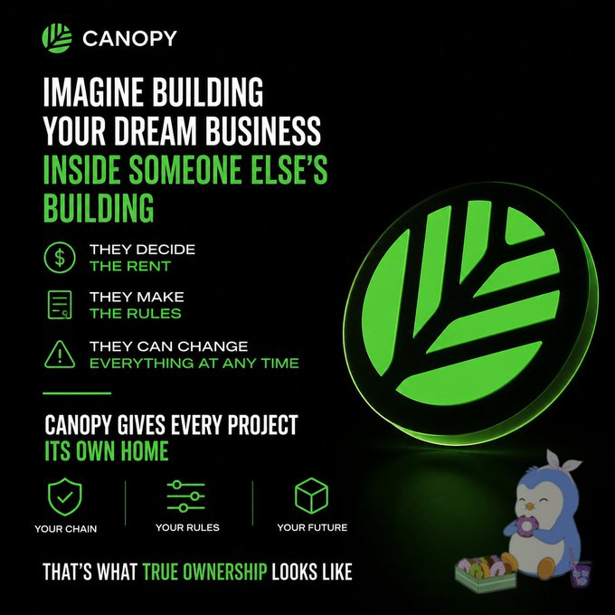 A promotional graphic for Canopy featuring a green leaf logo, with text reading 'IMAGINE BUILDING YOUR DREAM BUSINESS INSIDE SOMEONE ELSE'S BUILDING' and 'CANOPY GIVES EVERY PROJECT ITS OWN HOME — THAT'S WHAT TRUE OWNERSHIP LOOKS LIKE,' alongside a small penguin mascot.