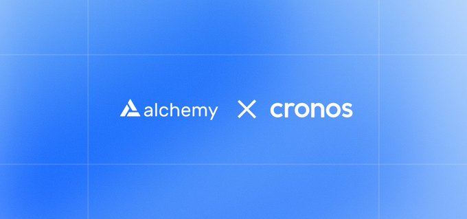 The image features the Alchemy and Cronos logos side-by-side on a blue gradient background, visually announcing the partnership highlighted in the post—Cronos's integration with Alchemy's blockchain development platform.