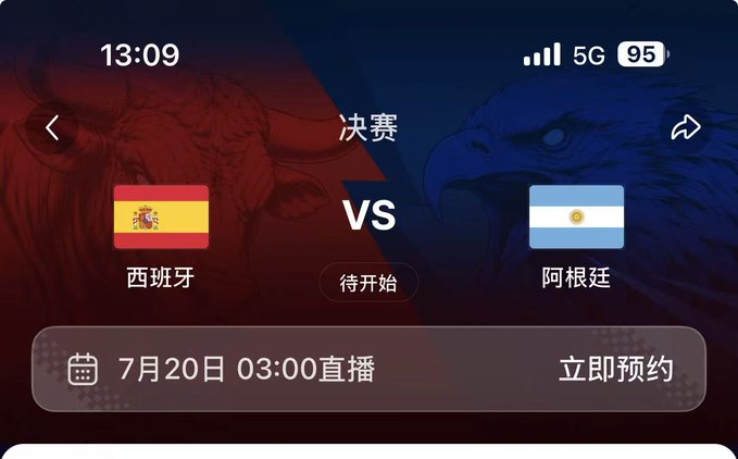 Mobile app screen in Chinese showing a sports match between Spain (西班牙) and Argentina (阿根廷) scheduled for July 20 at 03:00, labeled '决赛' (Final).