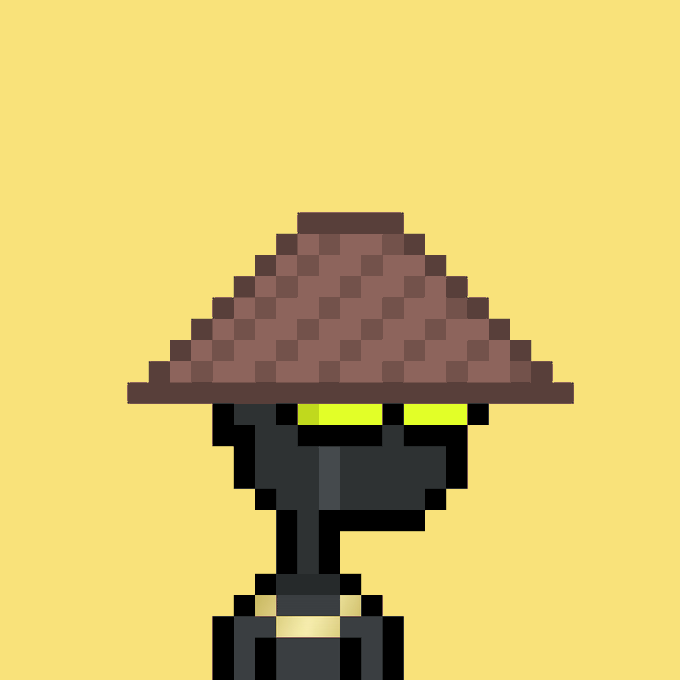 A pixel art character with a black body and glowing green eyes wearing a brown checkered conical hat against a solid yellow background.