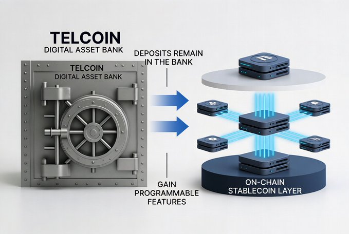 A Telcoin Digital Asset Bank illustration showing a bank vault on the left with deposits remaining in the bank and gaining programmable features, alongside an on-chain stablecoin layer with interconnected nodes on the right.