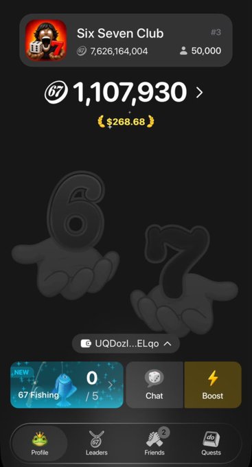 A screenshot of the Six Seven Club app showing the balance of 1,107,930 ($268.68) tokens, ranked #3 with 7,626,164,004 total coins and 50,000 members, illustrating the amount eligible for redemption in the upcoming Wave #1 Drop Redeem Event.