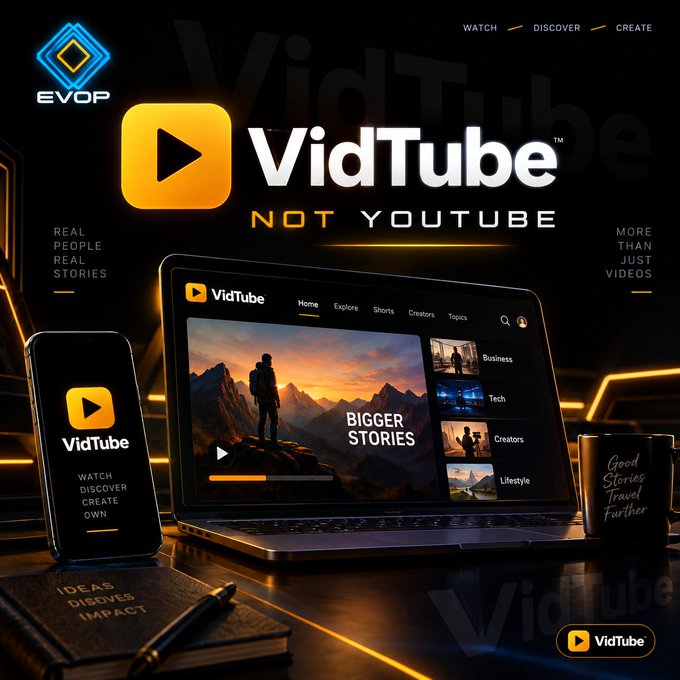 A promotional graphic for 'VidTube NOT YOUTUBE' displaying the logo, tagline 'WATCH, DISCOVER, CREATE', and devices showing the platform interface.