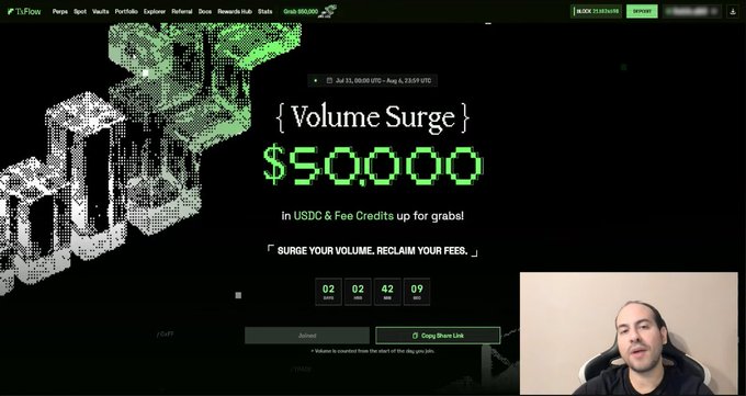 A screenshot from a video showing a TJ.Flow promotional page for a 'Volume Surge' event with $50,000 in USDC & Fee Credits, featuring a countdown timer and a man in the bottom right corner.