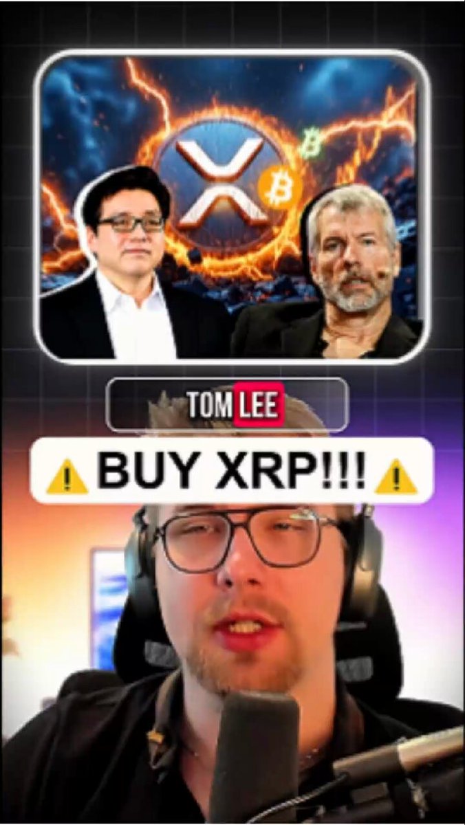 The image features a man wearing glasses, sitting behind a microphone with headphones around his neck. He appears to be talking into the microphone or recording a video call. The background of the image shows an advertisement for Bitcoin, featuring two men dressed in suits against a dark blue sky filled with lightning bolts and fire. The text on the image reads "Tom Lee Just CONFIRMED The Plan XRP & HBAR Holders MUST WATCH!!!".