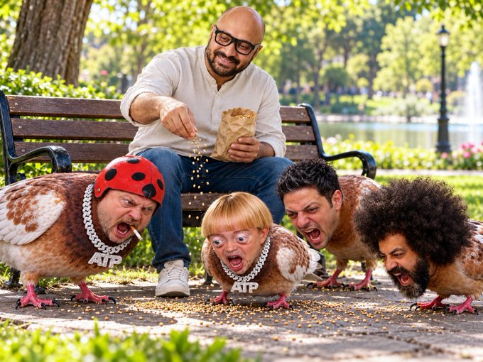 A man on a park bench feeds bird seed to several people dressed in chicken costumes wearing chains and ladybug helmets, with 'ATP' labels visible.