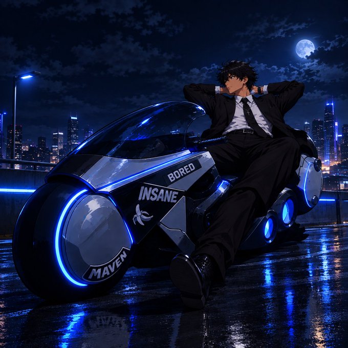 An anime-style illustration of a man in a dark suit leaning back against a futuristic motorcycle with glowing blue wheels; visible text on the bike includes 'BORED', 'INSANE', and 'MAVEN'.