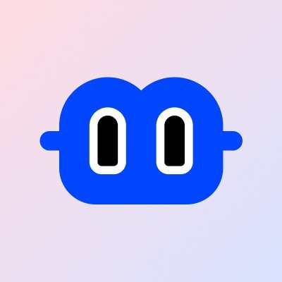 A blue logo icon depicting a stylized robot face with two oval eyes on a light gradient background.