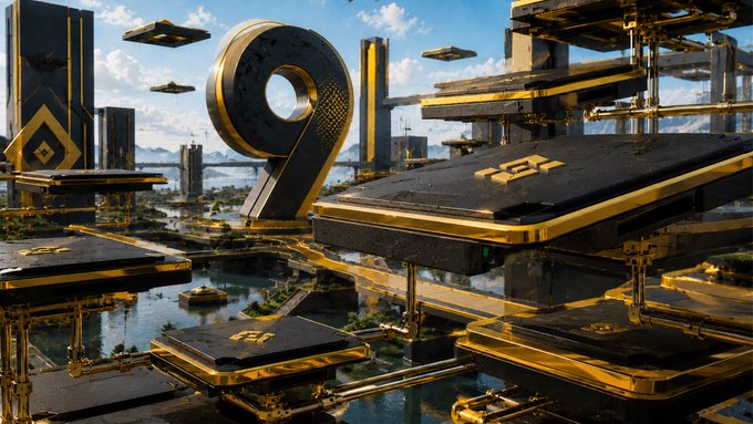 A futuristic cityscape featuring a giant golden "9" surrounded by floating black-and-gold platforms, with a single small green candle subtly embedded in the upper right area of the central platform. The post invites viewers to search the image for hidden green candles as part of a daily puzzle across three pictures.
