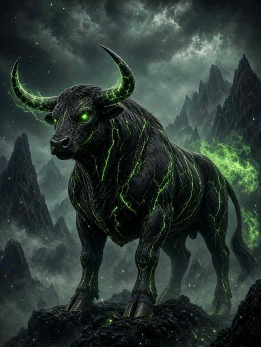 A powerful, mythical black bull with glowing green eyes and veins of emerald energy stands on a rocky peak amid stormy, jagged mountains, embodying raw strength and relentless power. The creature mirrors the post's message of unyielding "rise and grind" resilience, with the bull's fierce, determined gaze symbolizing the hard work and persistence required in the trenches, much like the steady dedication behind $ANSEM's community.