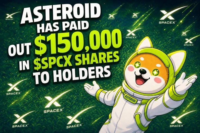 A cheerful Shiba Inu mascot in an astronaut suit celebrates amid a green space-themed background filled with SpaceX logos, promoting the milestone that $ASTEROID has paid out $150,000 in $SPCX shares to holders—visually reinforcing the celebratory announcement of this initial achievement.