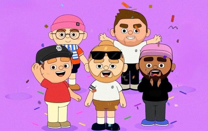 A colorful cartoon illustration shows five animated male characters celebrating against a purple background with falling confetti, connecting to the post's nostalgic "$OFC" (OneFootball Coin) reference. The cheerful, party-themed artwork evokes the celebratory "OneFootball era" mentioned in the caption.
