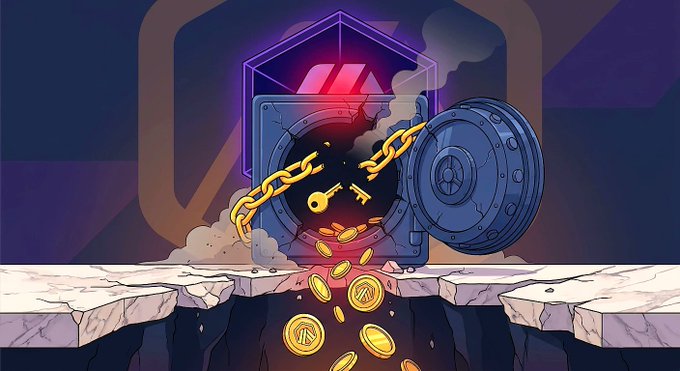 A cracked vault labeled "Ostium" spills golden coins into a chasm, visually symbolizing the $20M oracle exploit, with the broken chains and keys representing compromised security on the Arbitrum network.