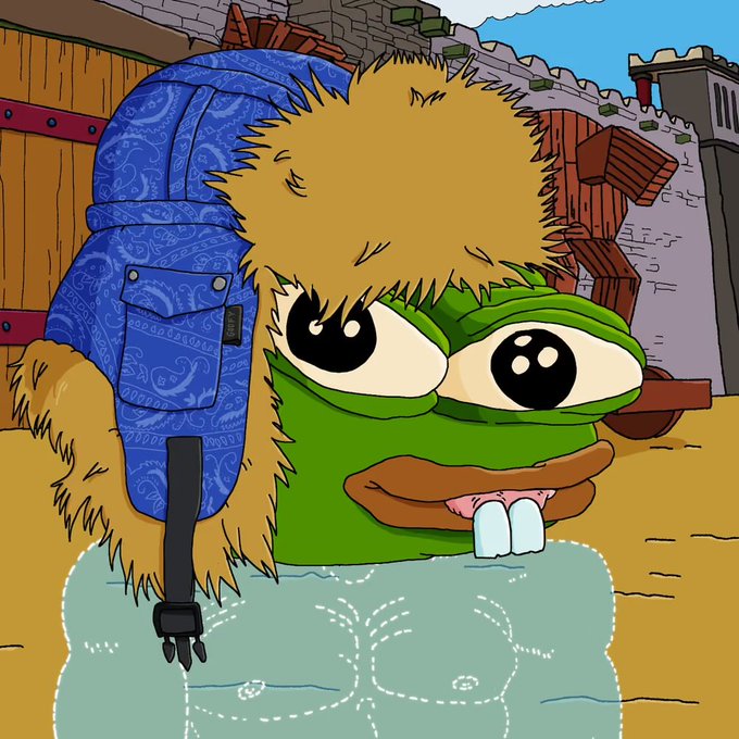 A cartoon illustration of a green, frog-like character with messy yellow hair, big eyes, and two buck teeth, wearing a blue paisley backpack and holding a black selfie stick, set against a ruined stone wall background.