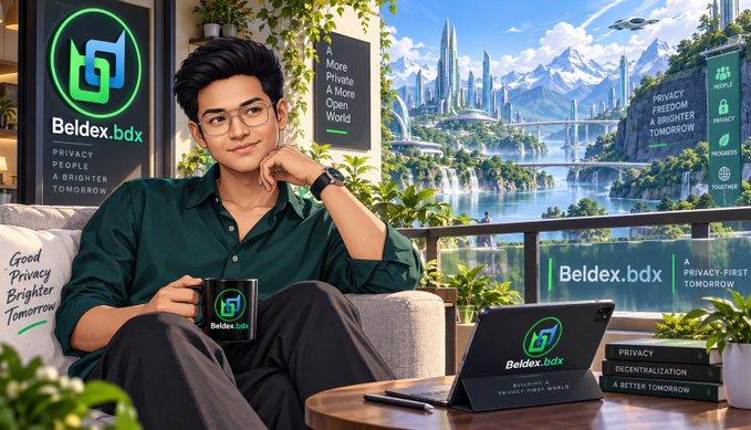 An advertisement for 'Beldex.bdx' features a young man with glasses and a dark green shirt sitting on a couch holding a branded mug, with a futuristic cityscape, waterfalls, and text including 'Privacy. People. A Brighter Tomorrow,' 'A More Private & More Open World,' and 'Good Privacy Brighter Tomorrow' visible.