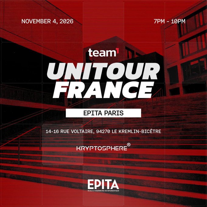 A red and black event flyer for the Team1 Unitour France at EPITA Paris on November 4, 2026, from 7PM to 10PM, located at 14-16 Rue Voltaire, 94270 Le Kremlin-Bicêtre, sponsored by Kryptosphere.