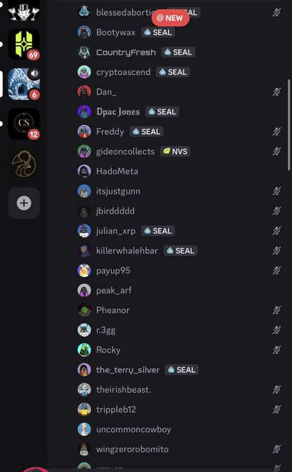 Discord-style server list showing multiple user names with 'SEAL' tags, including blessedabortie (NEW), Bootywax, CountryFresh, cryptoascendto, Dan_, Dpac Jones, Freddy, gideoncollects (NVS), and others.