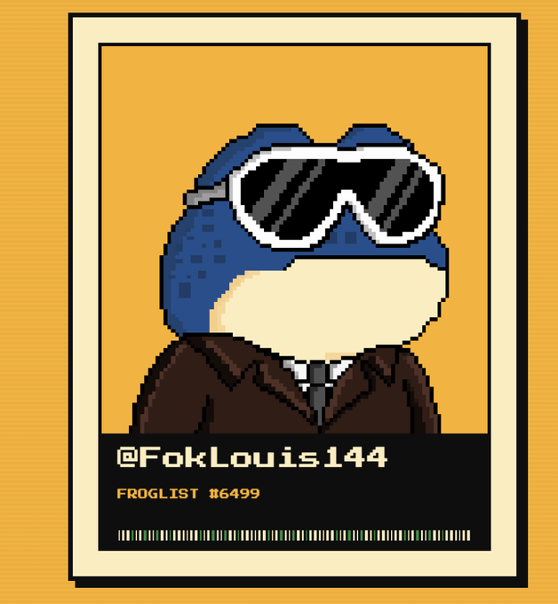 A pixel art NFT-style portrait of a blue frog-like character wearing large black goggles and a brown suit, labeled '@FokLouis144', 'FROGLIST 16499'.