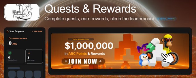 A 'Quests & Rewards' promotional banner featuring a $1,000,000 reward pool in ARC Points & Rewards, with a 'JOIN NOW' button and animated characters.