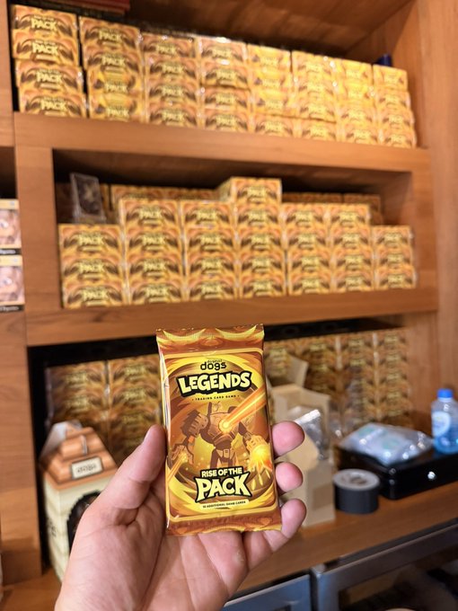 A hand holds up a "Doginal Dogs Legends - Rise of the Pack" trading card pack in the foreground, with shelves stocked full of identical packs visible in the background of what appears to be a retail shop for the Doginal Dogs brand.