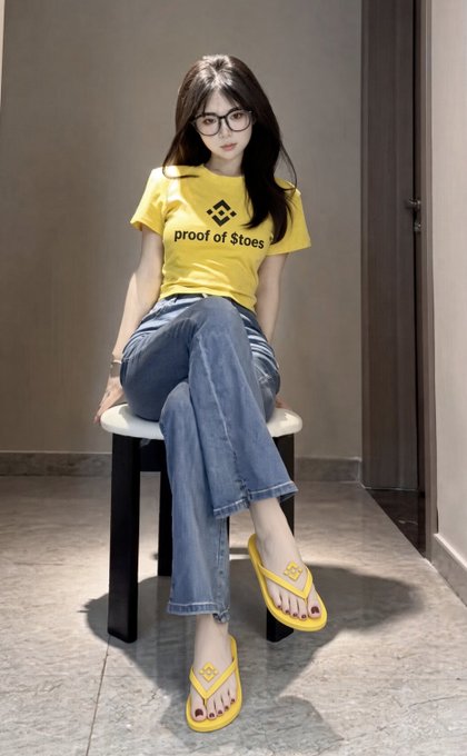 A young woman wearing glasses, a yellow 'proof of $tooo' graphic t-shirt, blue jeans, and matching yellow flip-flops sits on a black stool in a minimalist indoor setting.