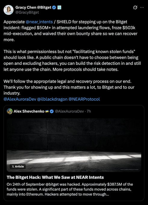 A tweet from Gracy Chen (@GracyBitget) about Bitget thanking @near_intents and SHIELD for freezing $503k in the Bitget hack, including an article titled 'The Bitget Hack: What We Saw at NEAR Intents'.