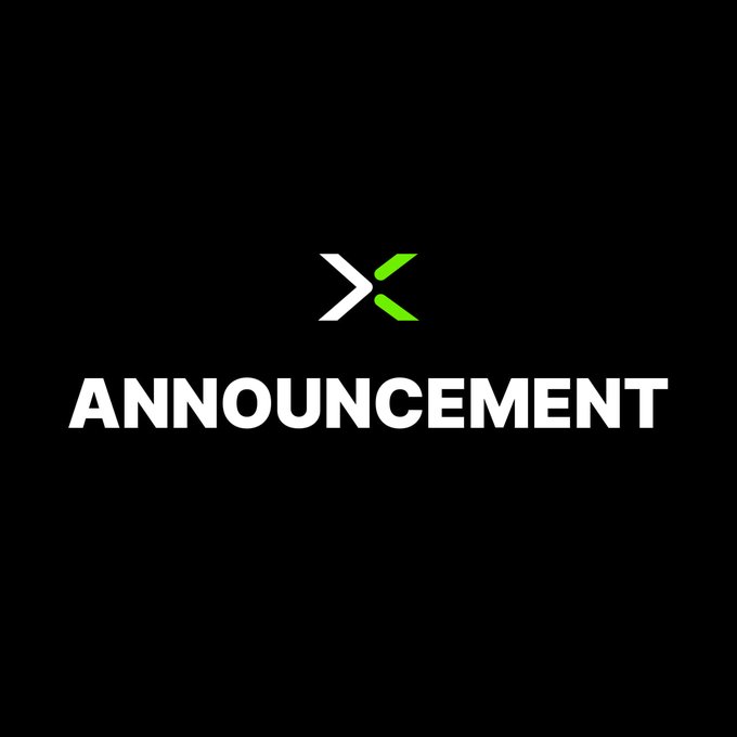 A black graphic with a stylized green and white 'X' logo above the word 'ANNOUNCEMENT' in bold white text.