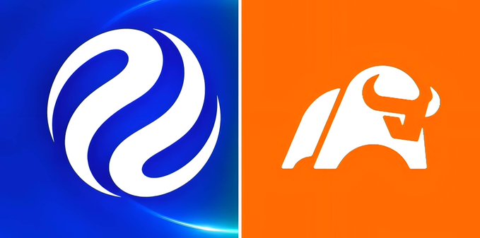 A split image showing the Injective (INJ) logo on a blue background on the left and a white bull logo on an orange background on the right.