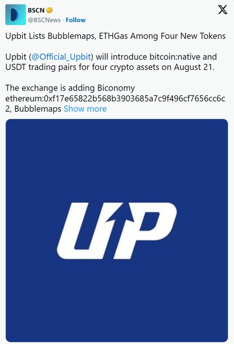 A BSC News Twitter/X post announcing that Upbit exchange will list Bubblemaps, ETHGas, Biconomy, and another token, featuring the blue Upbit logo (UP).