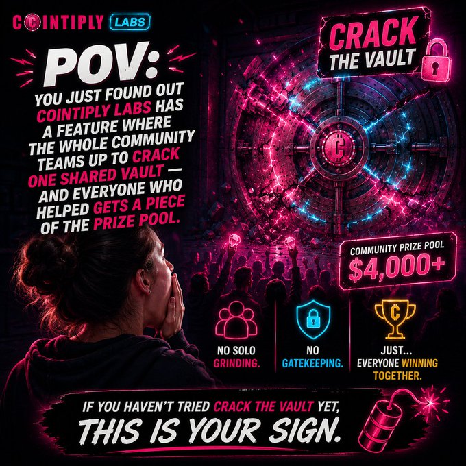 A Cointiply Labs promotional graphic for their "Crack the Vault" community feature, showing a woman watching a massive glowing vault break apart as a crowd celebrates below, highlighting a $4,000+ community prize pool and the tagline "No solo grinding. No gatekeeping. Just… everyone winning together."