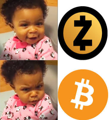 A meme featuring two photos of a baby with curly hair in a pink Mickey Mouse outfit, paired with Zcash (ZEC) and Bitcoin (BTC) logos. The baby's happy expression is next to Zcash while the frowning expression aligns with Bitcoin.