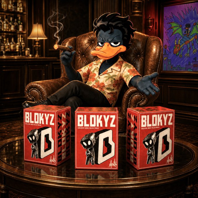 A Daffy Duck-inspired cartoon character smoking a cigar lounges in a leather armchair behind three red "BLOKYZ" collectible NFT boxes displayed on a table, promoting the "BIG HighRollers Giveaway" offering $150 worth of NFTs to followers who like, retweet, and submit their ETH wallet.