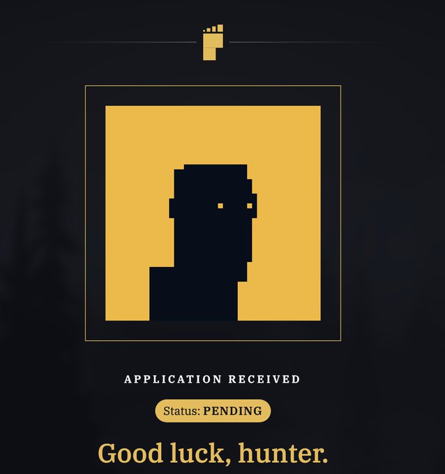 A pixel-art style graphic shows a shadowy figure silhouette in a gold square with the text "APPLICATION RECEIVED," "Status: PENDING," and "Good luck, hunter." — likely a reference to the post's $BITFOOTS token asking "Wen approve?" by playfully framing a pending application approval.
