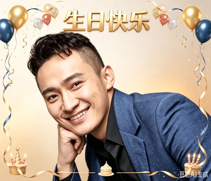 A birthday graphic features a smiling man in a blue jacket, with Chinese text '生日快乐' (Happy Birthday) at the top and decorative balloons and cakes.