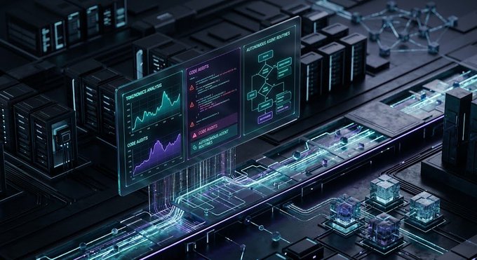A futuristic digital rendering of computer circuit boards with holographic floating screens displaying code audits, trend analysis graphs, and bug detection metrics.